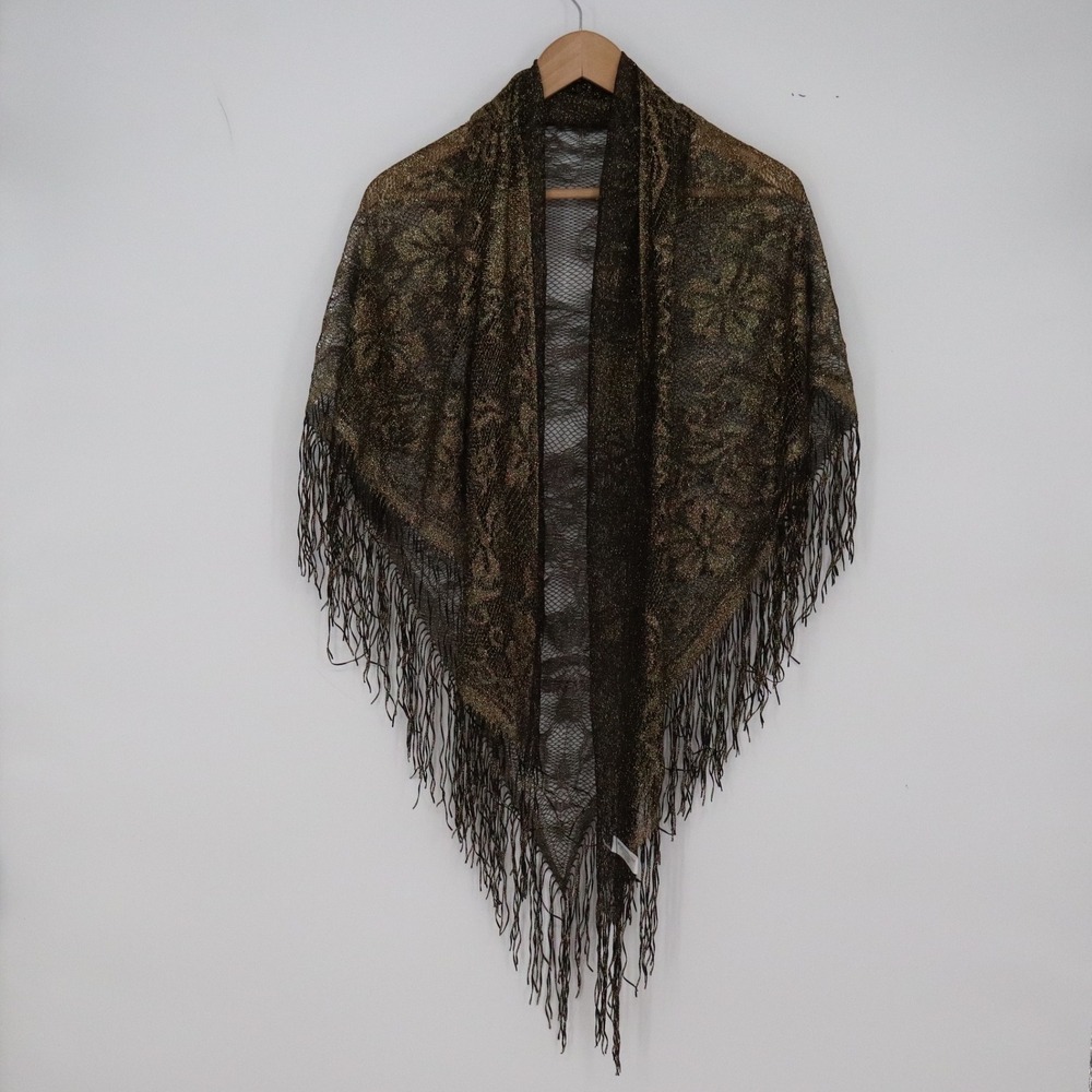 Worthington Shawl Womens One Size Triangle Floral Lace Gold Metallic Fringe Exc